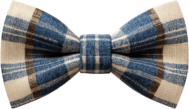 A close-up of a stylish bow tie, showcasing a blue, brown, and beige plaid pattern, isolated on black