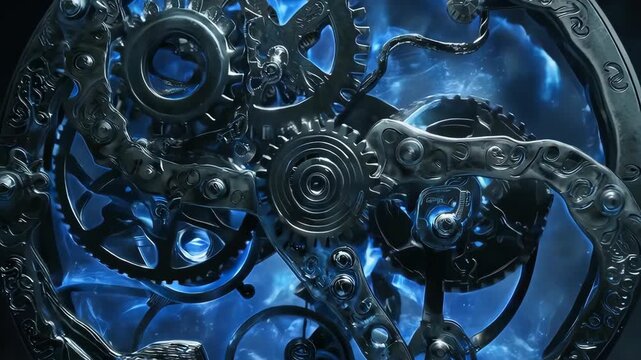Ornate mechanical device with gears, encased in a detailed metallic frame, blue glow within