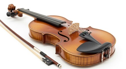 Elegant Violin and Bow Isolated on White Background Close Up