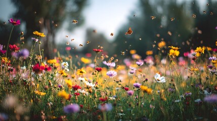 A vibrant field of wildflowers blossoms under a soft, natural sunlight, showcasing an array of colorful petals, attracting various insects like bees and butterflies in a serene outdoor environment. © Jojo*