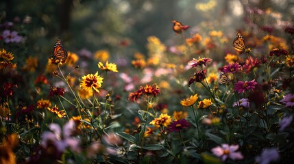 Numerous colorful wildflowers blossom in a sunlit meadow, with several orange and black patterned butterflies fluttering amongst them, creating a dreamy and idyllic springtime scene with a soft,...