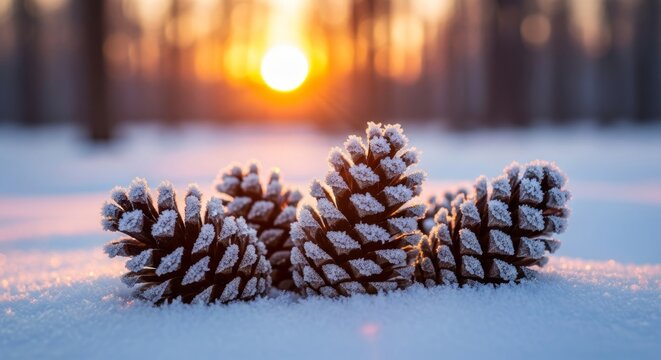 Winter pine cones in snow under a bright sunset