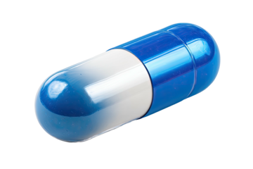 A close-up of a medicine capsule with a two-tone blue and white gradient color scheme
