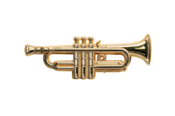 A detailed close-up of a polished brass wind instrument isolated on a stark black background