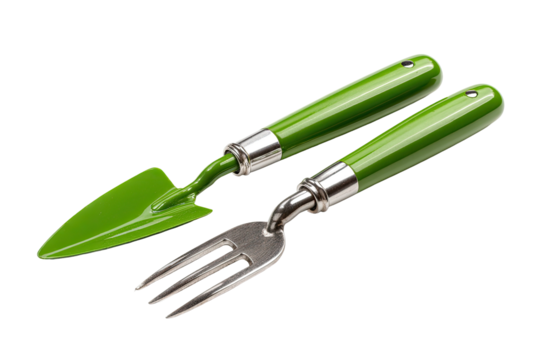 Shiny green and silver gardening trowel and fork tools on a black backdrop, ready for outdoor use