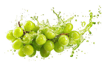 Cluster of green grapes with a vibrant juice splash effect against a black background