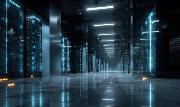 Futuristic Data Center Interior with Glowing Blue Lights and Reflections. - Powered by Adobe