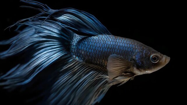 A stunning close-up of a Siamese fighting fish with vibrant blue fins swimming gracefully against a black background, showcasing its elegance and vibrant color patterns.