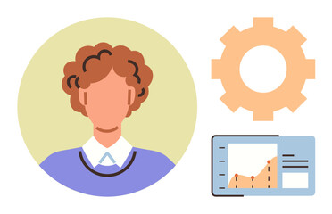 Person avatar in casual attire beside a gear icon and line graph on a screen. Ideal for teamwork, analytics, project management, workflow, productivity, innovation, and career growth. Simple flat