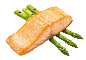 Grilled salmon fillet with asparagus isolated on transparent background, healthy food rich in omega-3 fatty acids for diet and nutrition