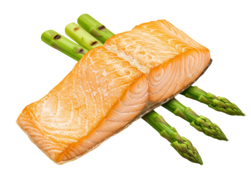 Grilled salmon fillet with asparagus isolated on transparent background, healthy food rich in omega-3 fatty acids for diet and nutrition