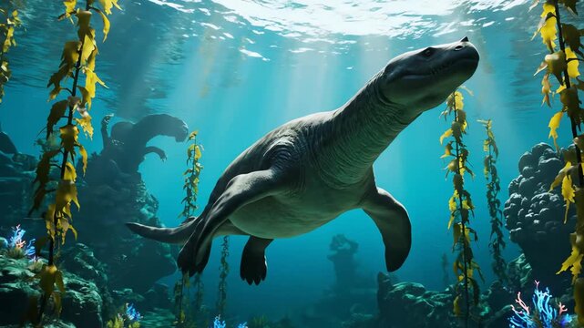 Plesiosaur swims gracefully through underwater kelp forest, illuminated by sunbeams, creating a prehistoric and serene atmosphere.