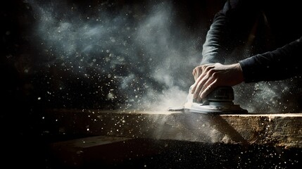 A skilled artisan is seen sanding a piece of wood with a power sander; fine particles of sawdust are illuminated by a spotlight, creating a dynamic cloud in a dark workshop setting and illustrating...