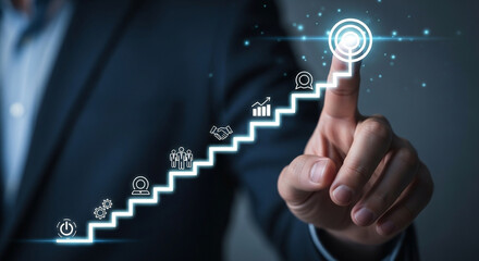 Businessman s finger points to a glowing target at the top of a digital staircase with icons