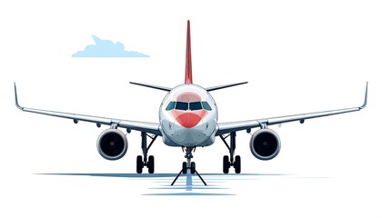 An illustrated frontal view of a passenger jet, its nose facing forward against a plain white backdrop with a small cloud