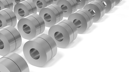 Cold rolled strip steel isolated on white background. Steel coils. 3d illustration.