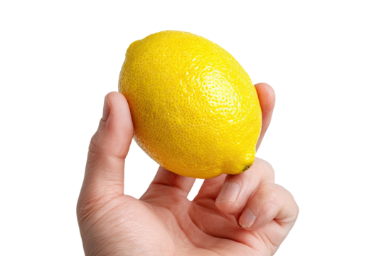 Hand holding a ripe yellow lemon, isolated on a stark black background, offering a close-up view