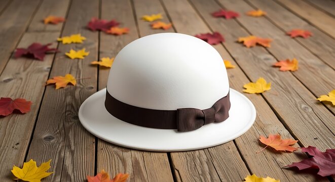 White hat with brown ribbon on wooden surface with autumn leaves.
