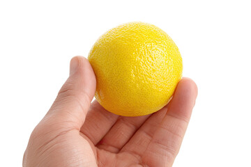 A hand holds a ripe, round lemon against a solid black background, isolated for clarity