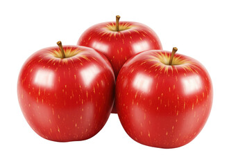 Three shiny red apples isolated on transparent background, fresh fruit PNG for healthy eating and autumn harvest