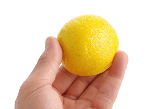 A hand holds a ripe, round lemon against a solid black background, isolated for clarity - Powered by Adobe