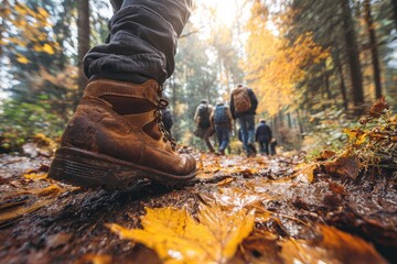 A hiker's boot on a muddy trail leads a group of people through a sunlit, autumn forest