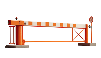 An orange and white striped barrier, with a "no entry" sign, preventing vehicle access