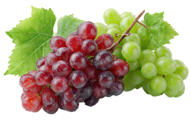 Vibrant image showcasing a cluster of red and green grapes with healthy leaves, black background