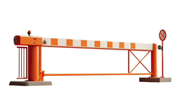 An orange and white striped barrier, with a "no entry" sign, preventing vehicle access