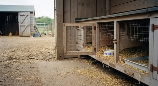 Empty chicken coop with hay and feeder on a farm. Rural poultry house for domestic bird raising, perfect for agriculture or farming concept.