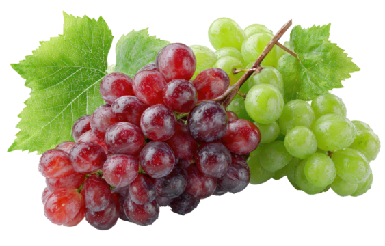 Vibrant image showcasing a cluster of red and green grapes with healthy leaves, black background