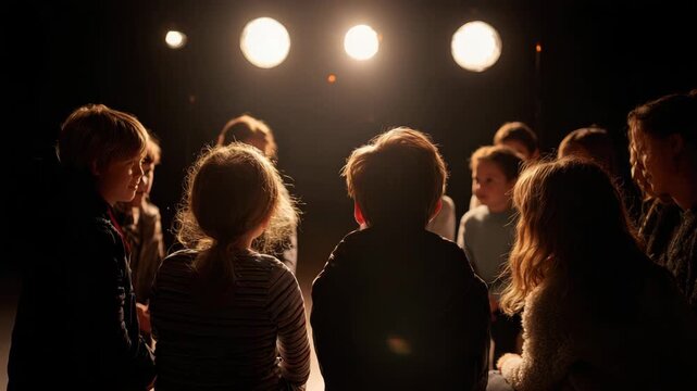 Young kids gather and share stories under warm stage lights in an inviting theater environment