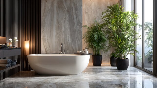 Luxurious modern bathroom interior with freestanding tub, plants, and natural stone textures, serene wellness.