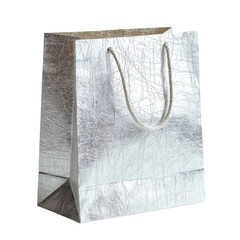 A silver paper shopping bag, empty with twisted rope handles, set against a transparent background