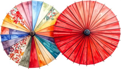 Watercolor illustration featuring two traditional Japanese paper umbrellas with vibrant, colorful patterns and radial designs