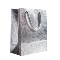 Shiny, silver gift bag with twisted rope handle, textured finish, standing upright against black