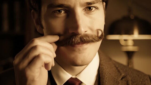 Man with handlebar mustache twirls his facial hair in a dimly lit study, showcasing vintage style and confident demeanor.