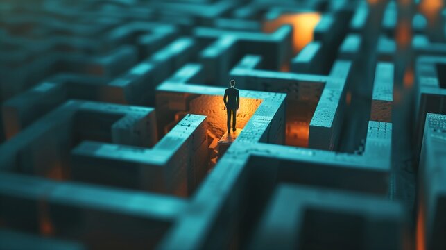 Tiny businessman standing at the entrance of a huge maze, symbol of challenges and solutions, dramatic lighting.