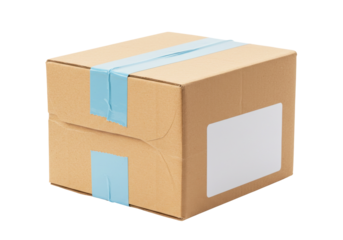 Cardboard box with blue tape isolated on transparent background, brown package for shipping and delivery, no background PNG