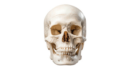 A frontal studio shot of a human skull against a stark black background