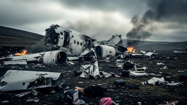 Wreckage sits in bleak landscape after a Plane crash, plane crash aftermath is a harrowing sight of twisted metal and debris. Concept of a Plane crash evokes themes of tragedy, loss and resilience.
