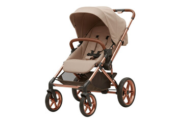 Beige baby stroller isolated on a clean background, modern pram for infants and toddlers with brown accents and wheels