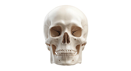 A frontal view of a human skull against a stark black background, showcasing anatomical detail