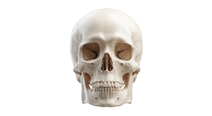 A frontal view of a human skull against a stark black background, showcasing anatomical detail