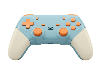 Light blue gamepad isolated on white, wireless controller with orange buttons for gaming and entertainment, PNG © Matteo