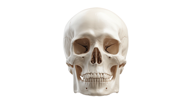 A frontal view of a human skull against a stark black background, showcasing anatomical detail