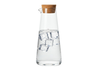 Elegant glass carafe with water and ice cubes isolated, refreshing drinkware for serving beverages in style PNG