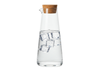Elegant glass carafe with water and ice cubes isolated, refreshing drinkware for serving beverages in style PNG
