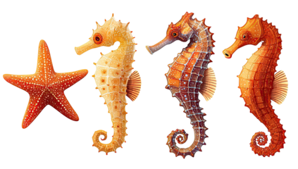 Colorful illustrations feature a starfish and three seahorses with detailed textures against black