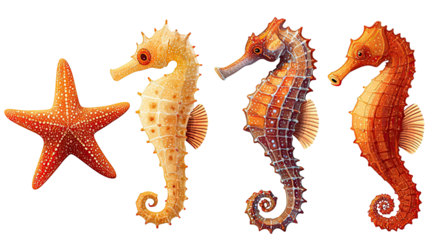 Colorful illustrations feature a starfish and three seahorses with detailed textures against black - Powered by Adobe